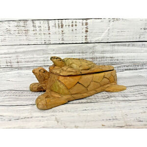 Hand Carved Crafted Wooden Sea Turtle Mom Carrying Baby 2pc Box with Lid Art
